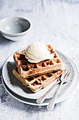 Fresh berry waffles with vanilla ice cream