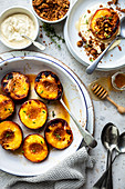 Grilled peaches with ginger labne and spiced almond crumb