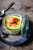 Salmon with egg and spinach in a glass