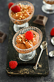Mascarpone cheese mousse with chocolate hazelnuts and fresh raspberries