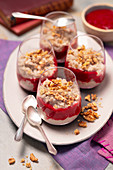 Brown rice pudding with raspberries and walnuts