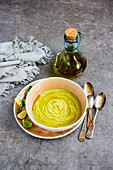 Bowl of Brussels sprouts vegetable cream soup with spices