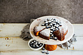 Freshly baked blueberry cake on cake stand with icing sugar and fresh berry