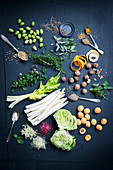 Stilleben mit Gemüse, Salat, Kräutern, Sprossen, Aprikosen und Nüssen