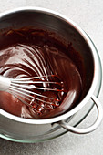 Cooking chocolate being chilled in a cold bain marie