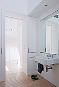 White bathroom with built-in closet, mirror and sink