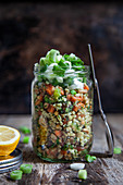Bulgur salad with red lentils and vegetables