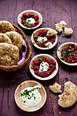 Beetroot cream with yoghurt and small flatbreads