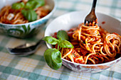 Spaghetti Pasta with tomatoe sauce and mozzarella basil