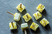 Lemon and ricotta ice cream sticks with lemon curd