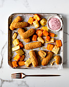 Tofu and cheese croquettes with vegetables and a sour cherry dip
