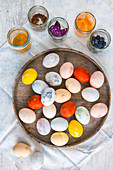 Colourful Easter eggs on a plate