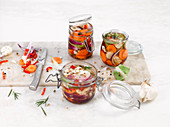 Pickled carrots and cauliflower with chillies and rosemary