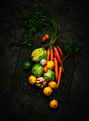 An arrangement of vegetables featuring cabbage, patty pan squash, carrots, garlic and tomatoes