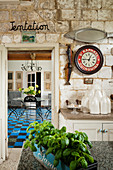 Basil in kitchen with stone wall and view into dining room