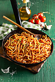 Classic spaghetti with tomato sauce and spices