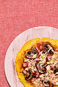 Potato pizza with bacon and mushrooms