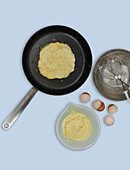 Omelette batter being spread in a pan