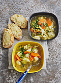 Vegetable soup with cheese on toast
