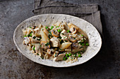 Chicken fricassee with rice and peas