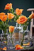 Orangefarbene Rosenblüten in Glasflaschen