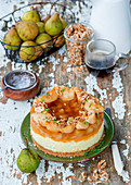 Autumnal cheesecake with pears and walnuts