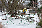 Seating area in the snowy garden