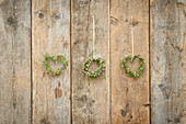 Round and heart-shaped wreaths on rustic board wall