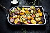 Oven-roasted potatoes, radishes and red onions with rosemary and lime
