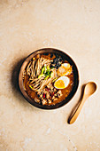 Ramen soup with minced meat, miso and egg