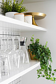 Grünpflanzen und Küchenzubehör in offenen Regalen vor weiß gefliester Küchenwand