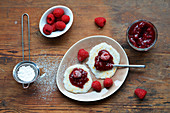 Rice cakes with fresh raspberries and jam