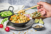 Tofu and Noodles with Peanut Sauce and Cucumbers with Chopsticks