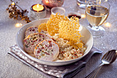 Stuffed chicken breast with rice and cheese crackers for Christmas