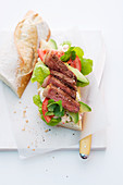 A steak sandwich with avocado and tomato