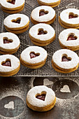 Butter biscuits with jam and icing sugar