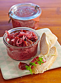 Damson relish with onions, vinegar, spices and baguette