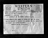 Lawrence's Nobel Prize Telegram, 1939