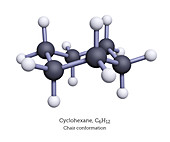 Ball-and-Stick Model of Cyclohexane, 3D Rendering