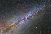Perseid meteors and the Milky Way, time-exposure image