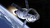 Orion and ESM spacecraft in Earth orbit, illustration