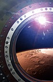 Argyre basin, Mars, through spacecraft window, illustration