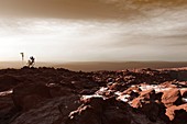 Astronaut climbing rim of Olympus Mons, Mars, illustration