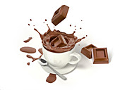 Chocolate cube splashing into cup, illustration