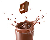 Chocolate cubes splashing into glass, illustration