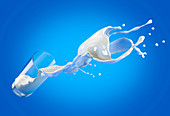 Glass of milk spilling in air with splash, illustration