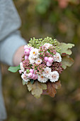 Small autumn bouquet of chrysanthemums, sedum and bog myrtle berries in collar of leavees