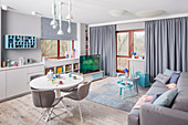 Modern multi-functional interior in grey and blue