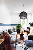 Japandi-style living room in blue and white