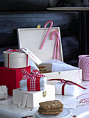 Christmas presents wrapped in red and white